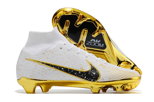 Chuteira Campo Nike Air Zoom Mercurial Superfly 9 Elite FG Branca, Preta e Dourada