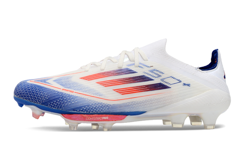 Chuteira Campo Adidas F50+ FG Branca, Azul e Vermelho 